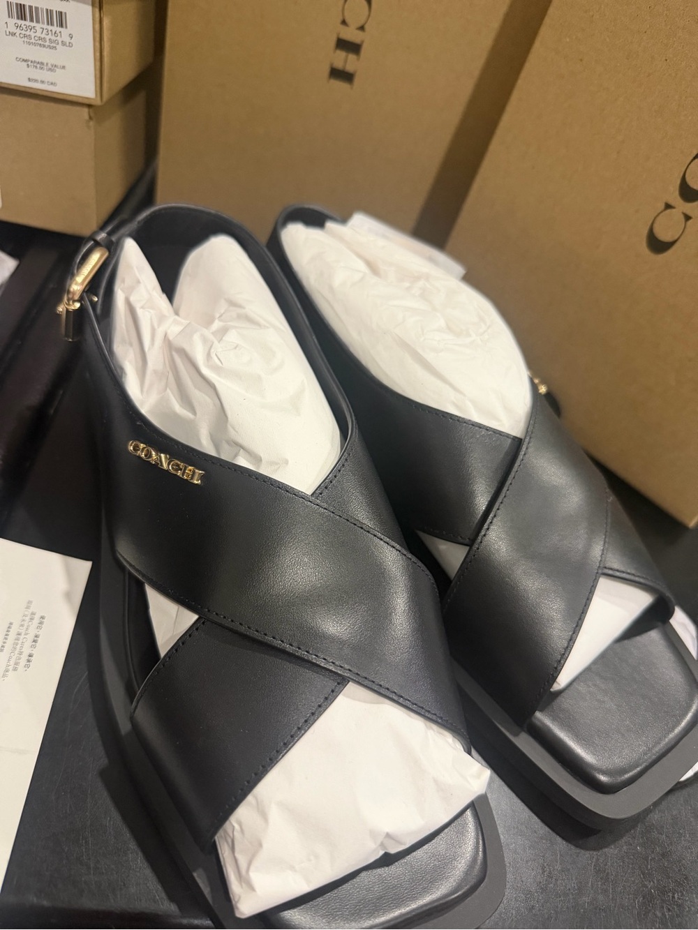 Coach Black Leather Crisscross Slide Sandals with Gold Logo CAP62 size 7.5 B